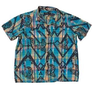 Vintage Y2K Polo Ralph Lauren Plaid Button Down Tribal PNW Blue Camp Shirt sz XL